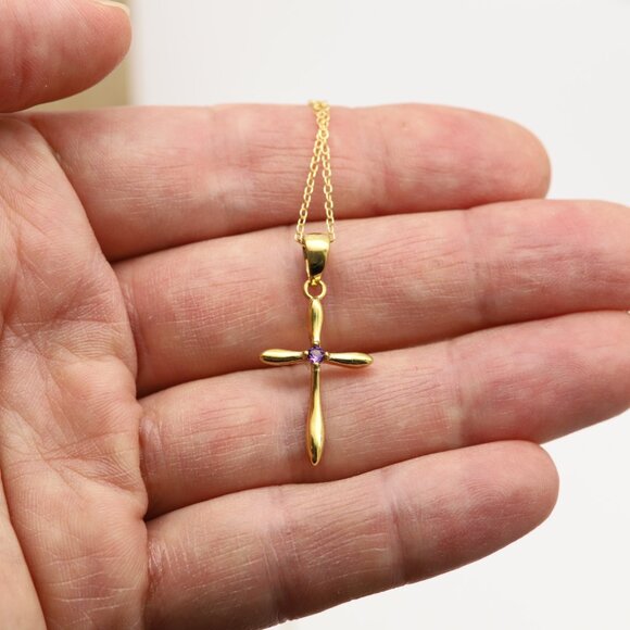 Silver Cross Natural Purple Amethyst Cross Pendant plated with 14k gold - Picture 5 of 10